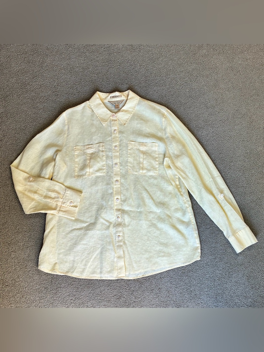Womens 18 INVESTMENTS Gold Label Yellow Linen Roll Tab Sleeve Shirt Button Top